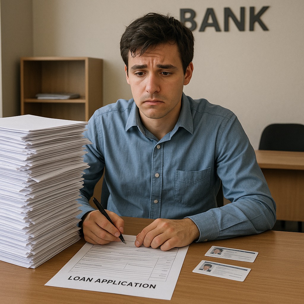 A young borrower sitting at a bank desk with stacks of documents, ID cards, and a loan form — symbolising increased paperwork for new loan applicants.