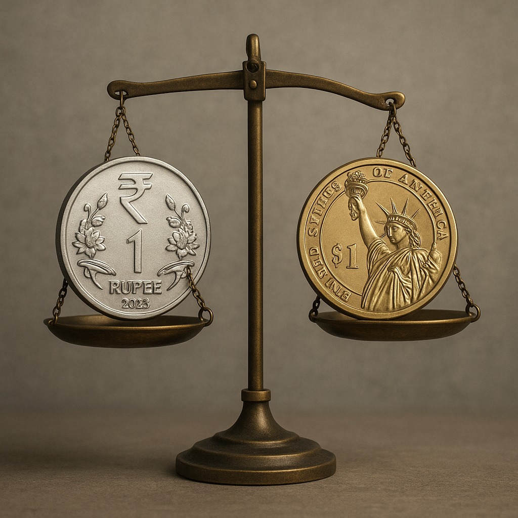 An Indian rupee coin balancing against a U.S. dollar coin on a scale — showing the tug-of-war between a strong and weak rupee.