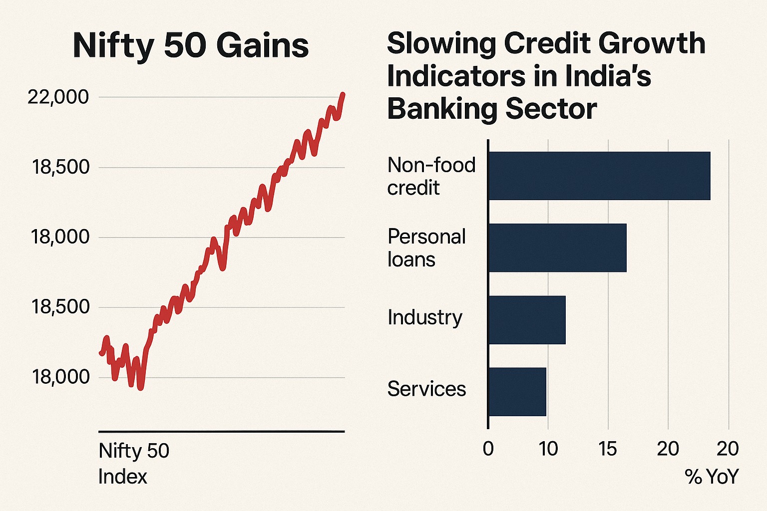 Stock market chart showing Nifty 50 gains alongside slowing credit growth indicators in India’s banking sector