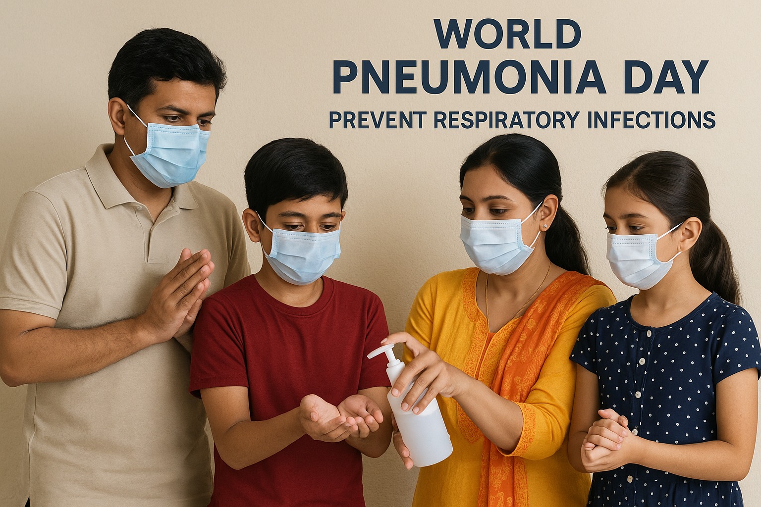 Indian family wearing masks and practicing hygiene on World Pneumonia Day to prevent respiratory infections.