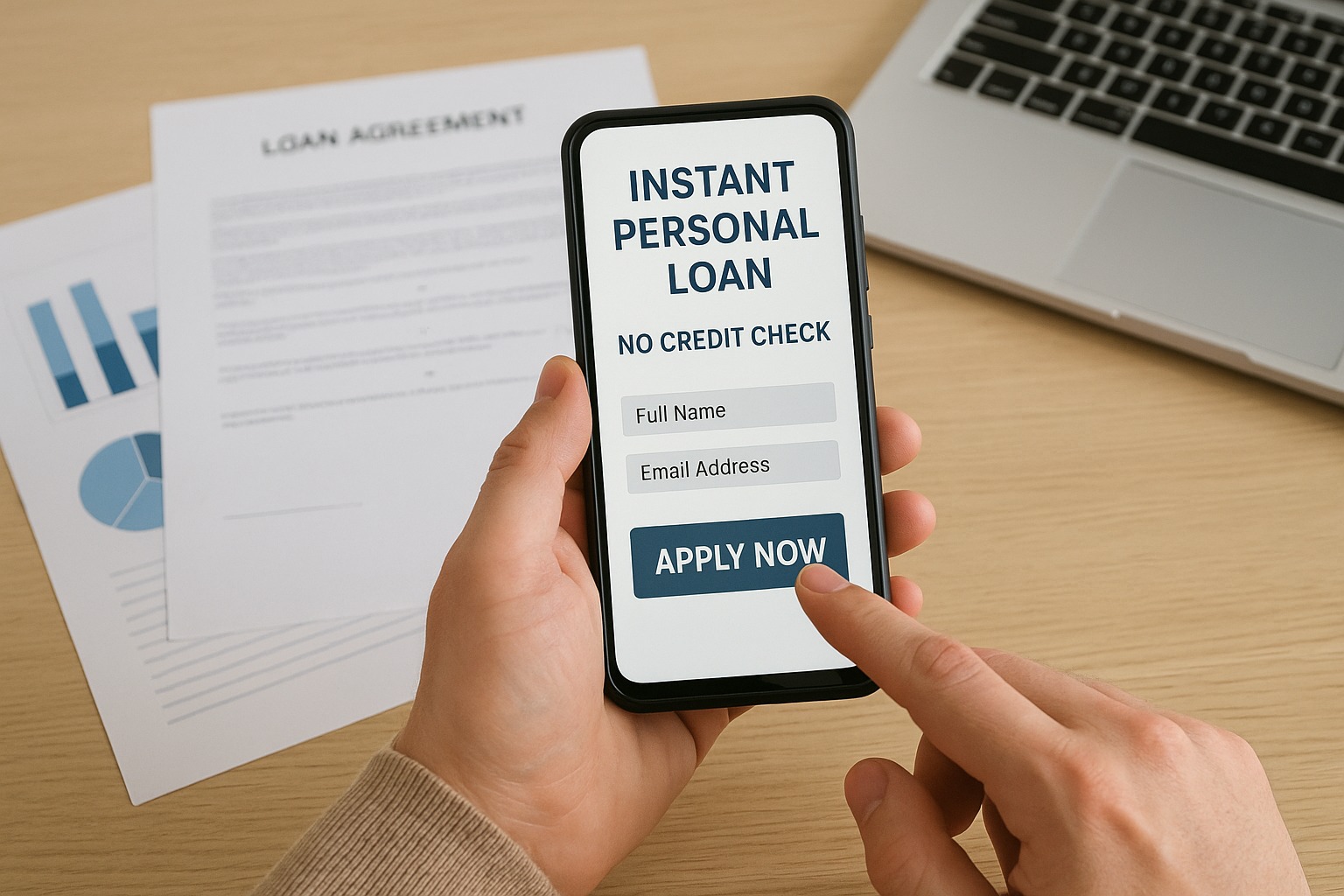 A person applying for an instant personal loan online without a credit check, using a smartphone and digital documents