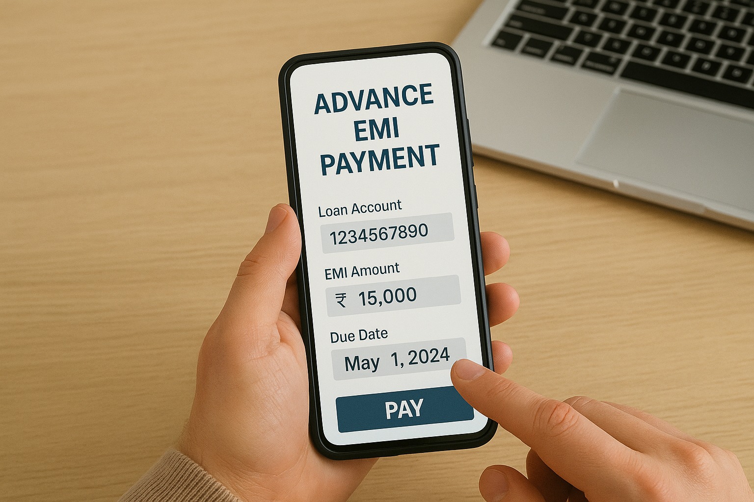 A person making an advance EMI payment through a mobile banking app, representing early loan repayment benefits