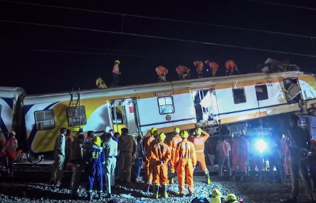 Railway officials inspecting the derailed train near Bilaspur Junction following the accident and probe findings