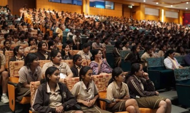 “Students in a school auditorium watching international short films as part of the School Cinema International Film Festival 2025 in India