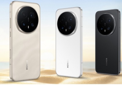 Honor Magic 8 Pro smartphone in black finish with curved AMOLED display and triple rear camera module.