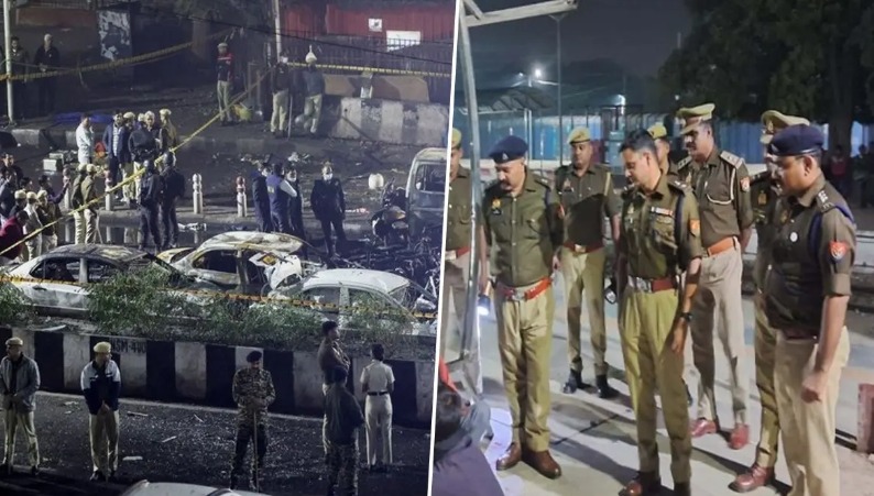 Delhi Police conducting vehicle checks and increased patrols near Red Fort, as commuters navigate tightened security after the blast.