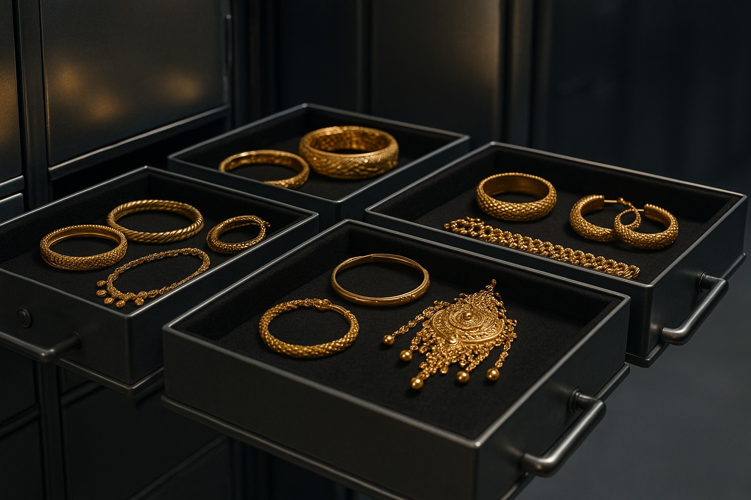 Gold jewellery stored securely in vault trays as RBI tightens norms for gold-loan custody and re-pledging.