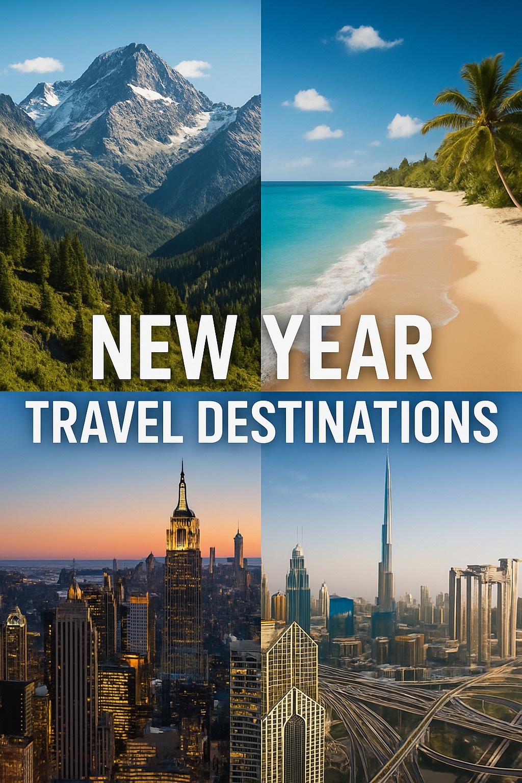 New Year travel destinations collage featuring mountains, beaches and city skylines.