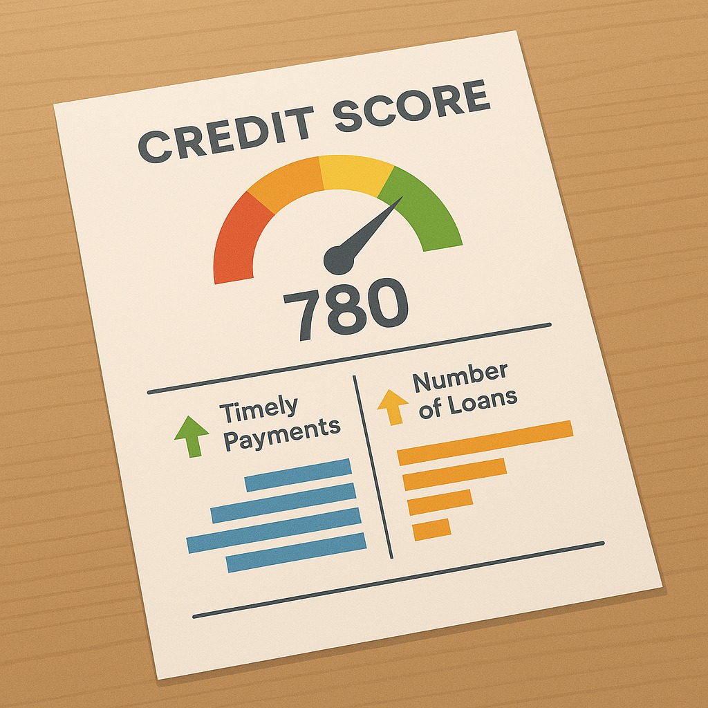 Credit score report highlighting the impact of timely payments versus number of loans.