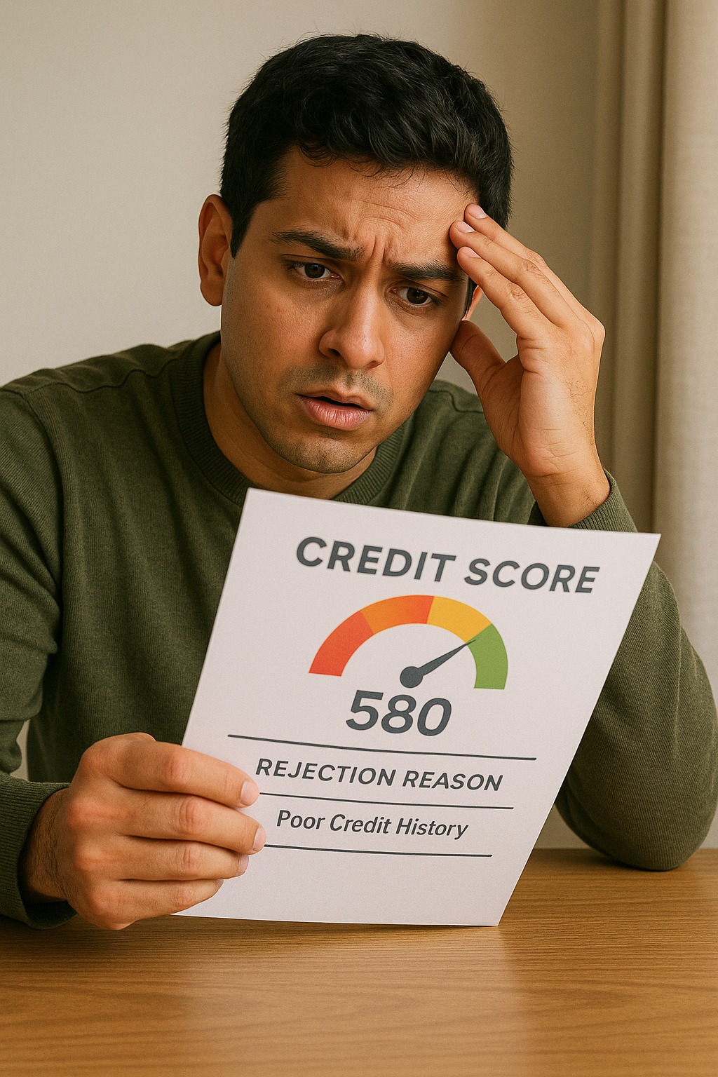 Stressed first-time loan applicant checking rejection reason while reviewing credit score report.
