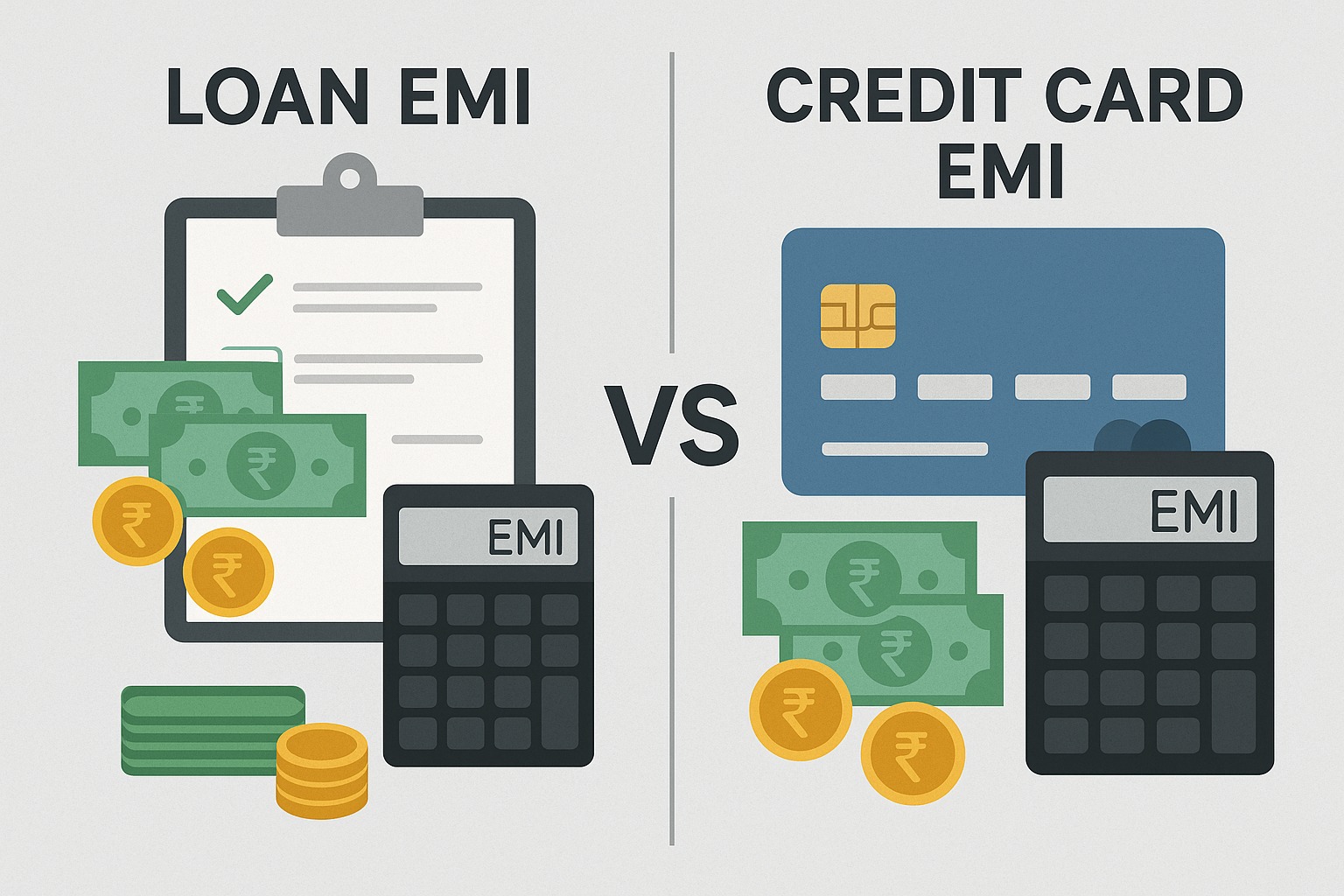 Comparison of loan EMI vs credit card EMI showing cost difference for smart borrowing.