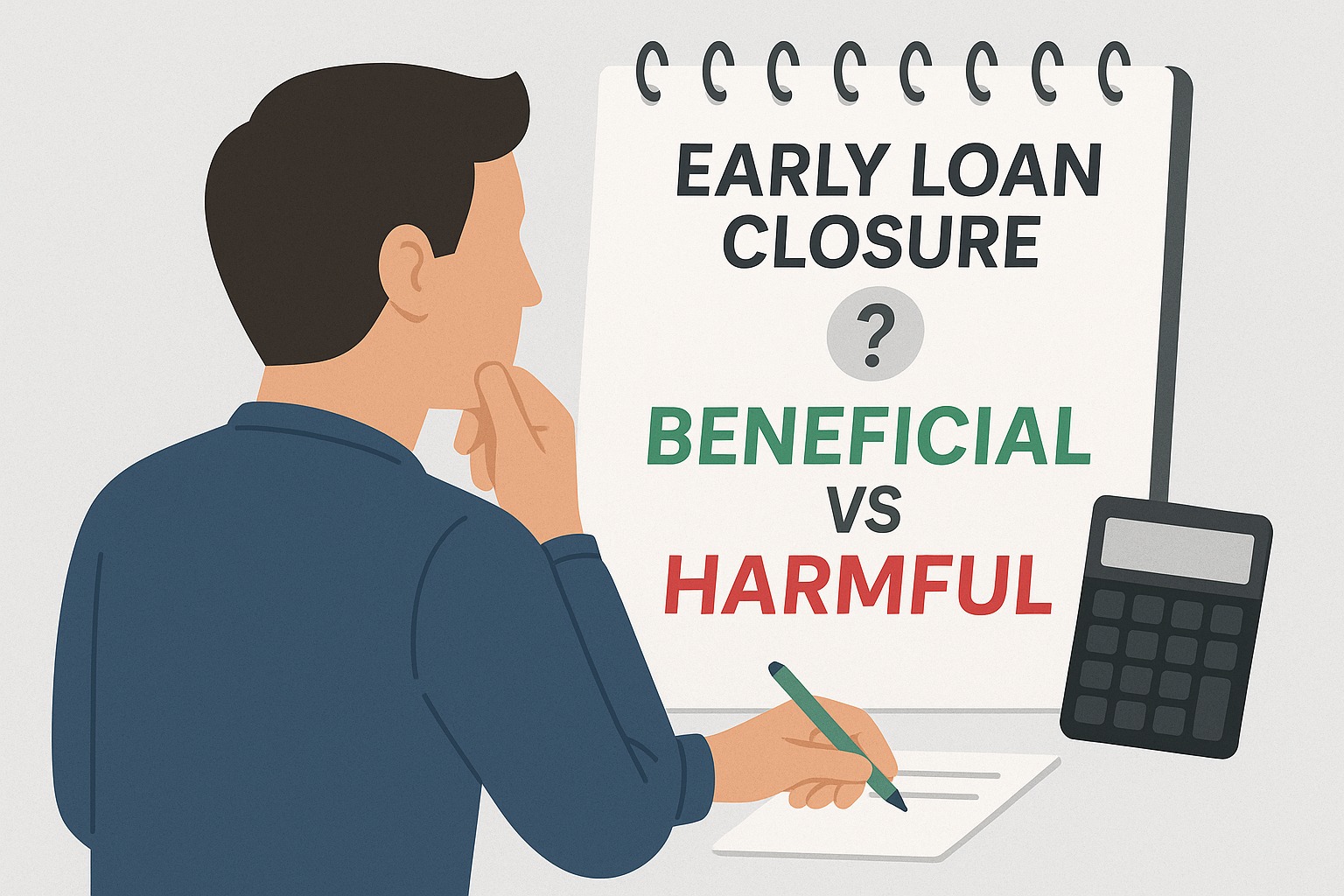 Person calculating whether early loan closure is beneficial or harmful based on finances.