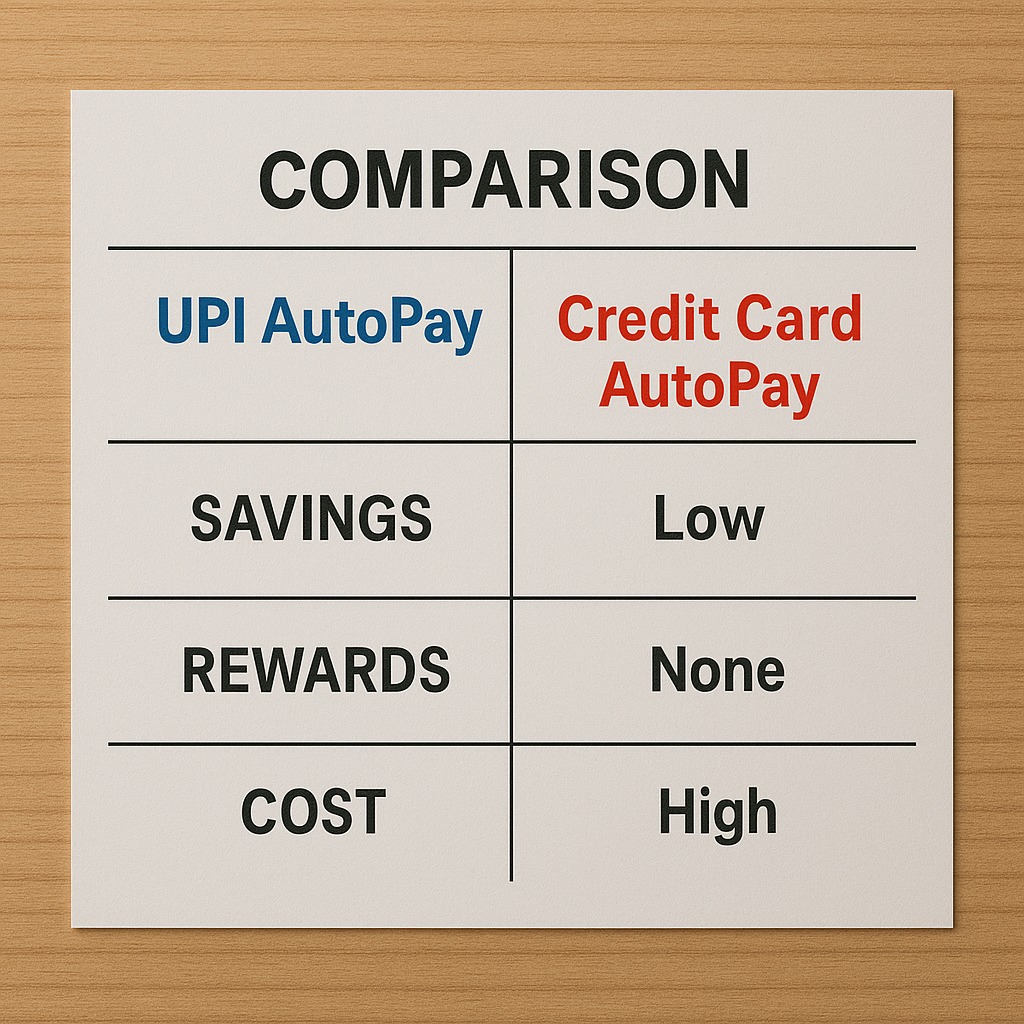 UPI AutoPay vs Credit Card AutoPay comparison showing savings, rewards, and cost differences.