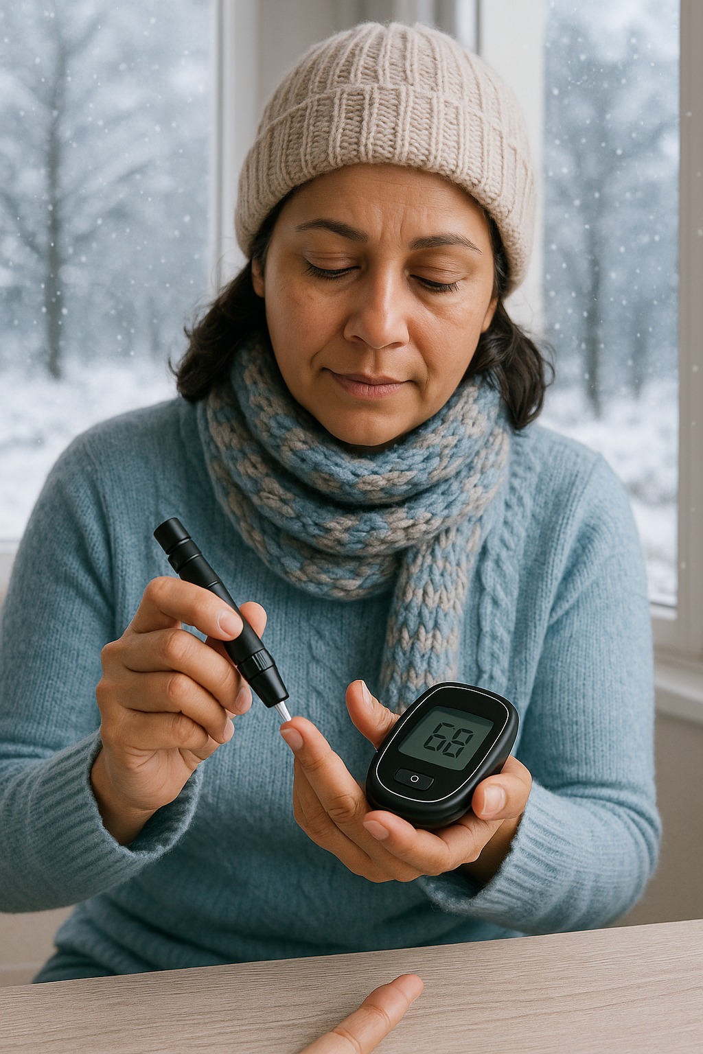 Person checking blood sugar levels at home during winter season for diabetes management.