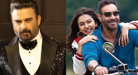 Madhavan and Ajay Devgn in De De Pyaar De 2, portraying emotional and comic moments.