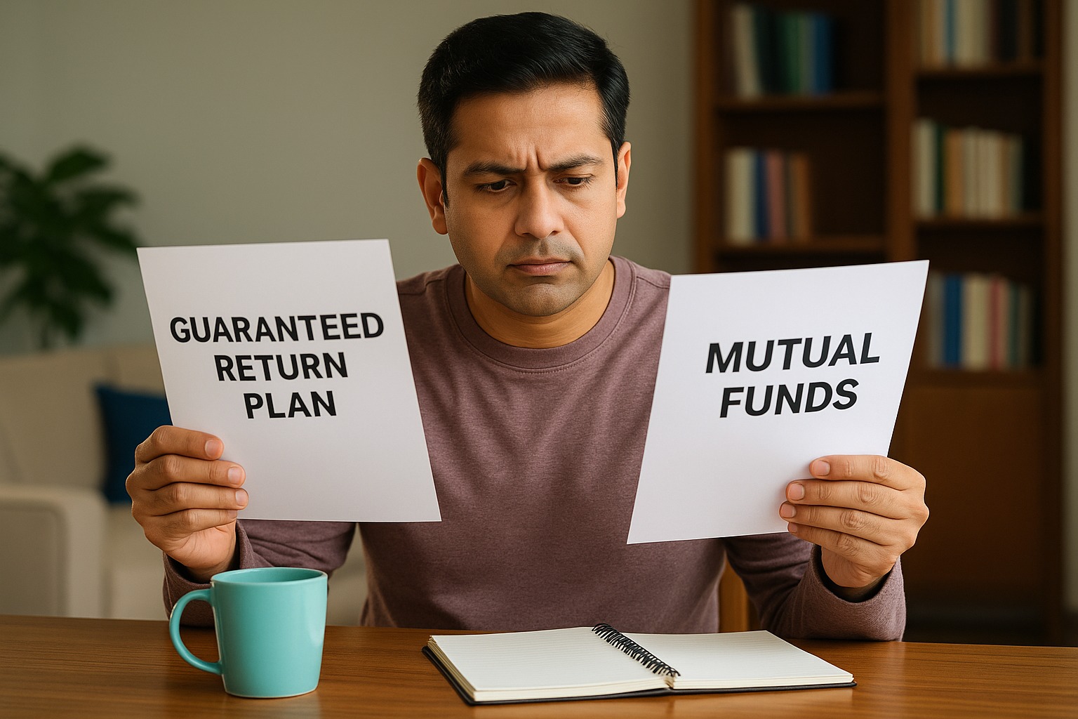 Person comparing guaranteed return plans and mutual funds to decide the best option for middle-class family savings