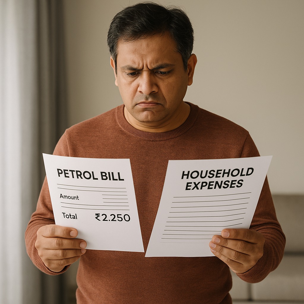 Person checking rising petrol bill and household expenses affected by new energy policies in India.