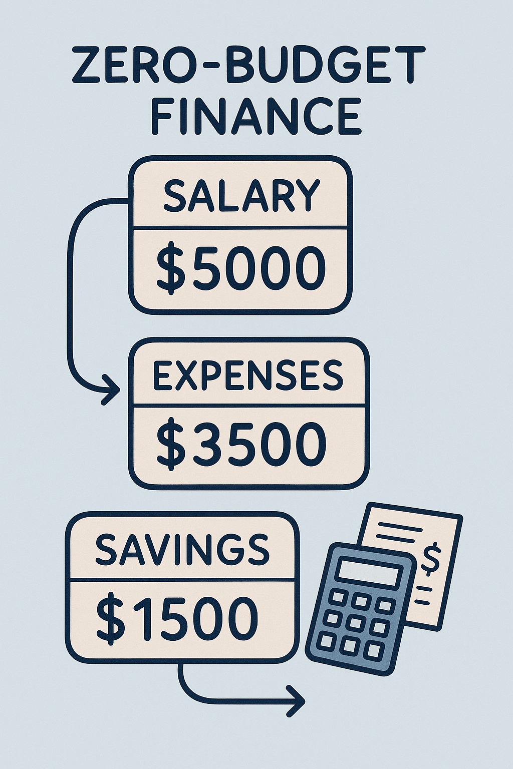 Person planning a zero-budget finance method with salary, expenses and savings categories.