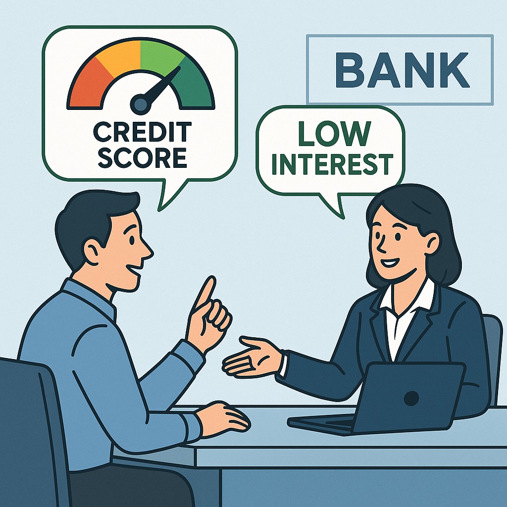 Customer using a strong credit score to negotiate a low-interest loan with a bank.
