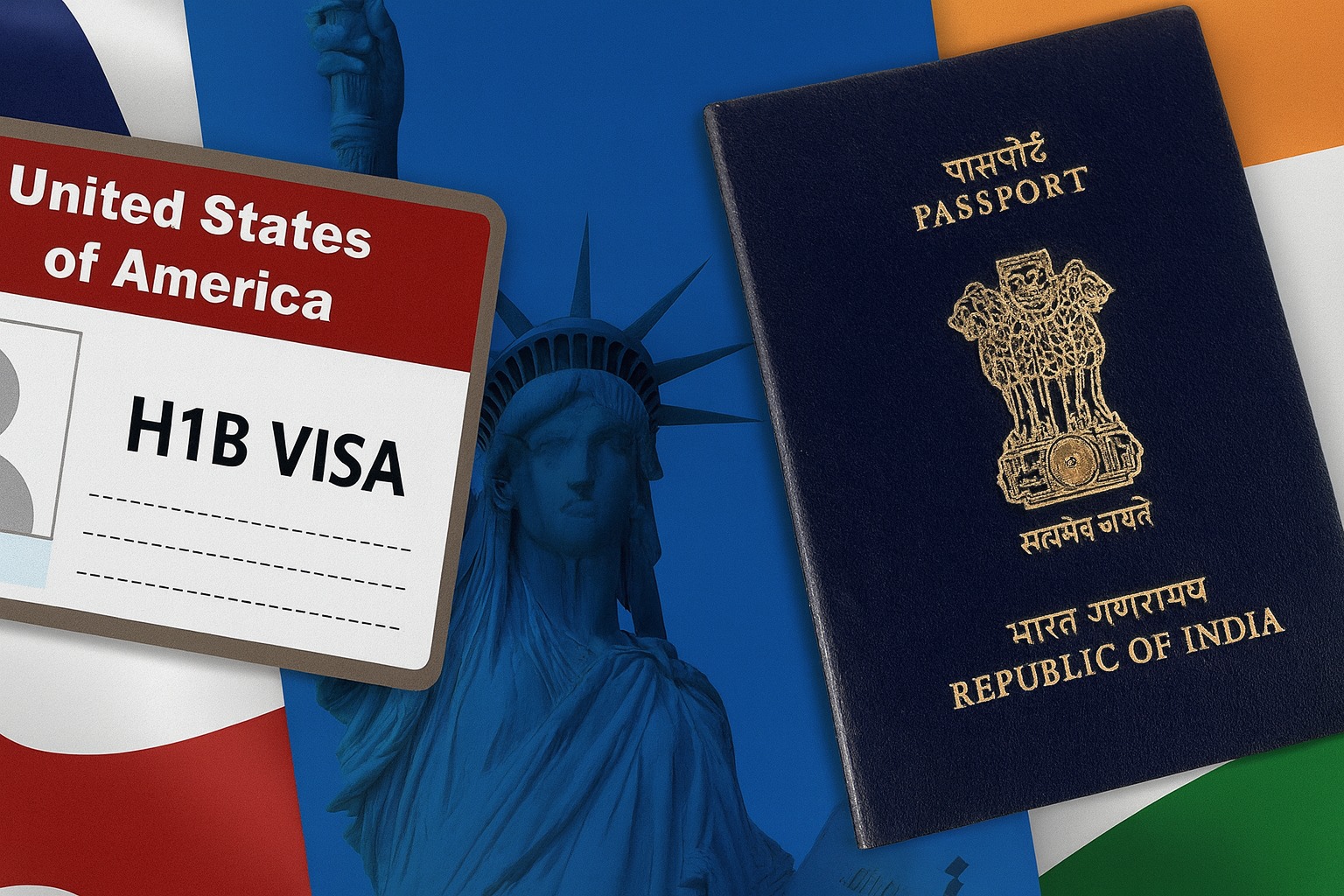 US immigration documents and H-1B visa stamp illustration representing proposed $100,000 fee reform.