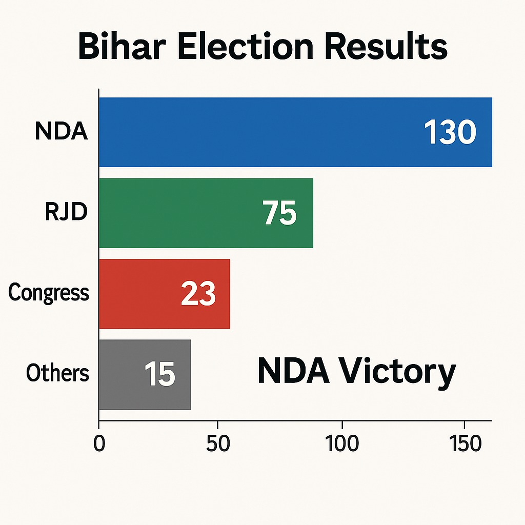 Bihar election results chart reflecting NDA victory and political trends.