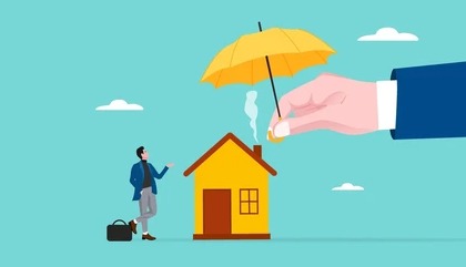 Family holding home model with shield symbol representing home loan insurance protection.