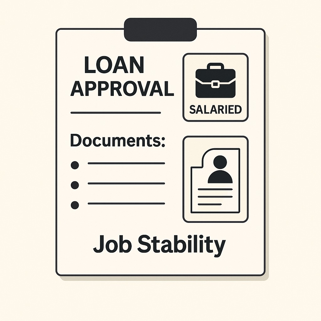Loan approval form with salaried employee documents representing job stability.