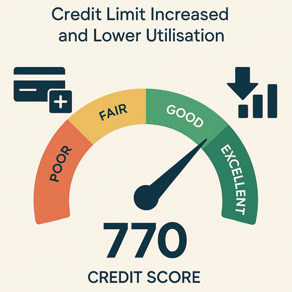 Credit score meter rising due to increased credit limit and lower utilisation.