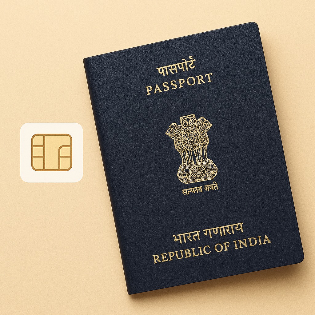 Indian E-Passport with embedded electronic chip illustrating new travel security features.