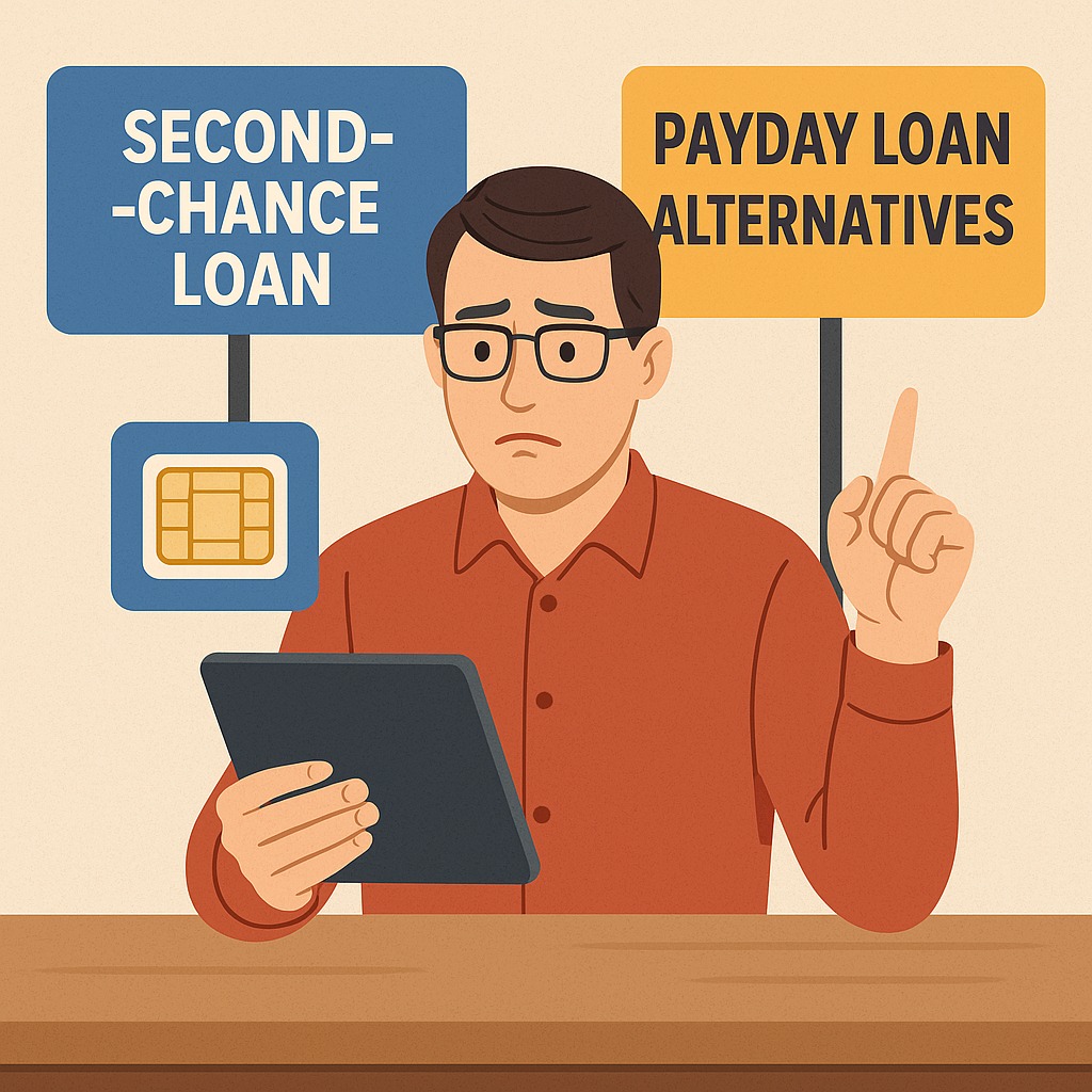 Person comparing second-chance loans and payday loan alternatives for emergency funds.