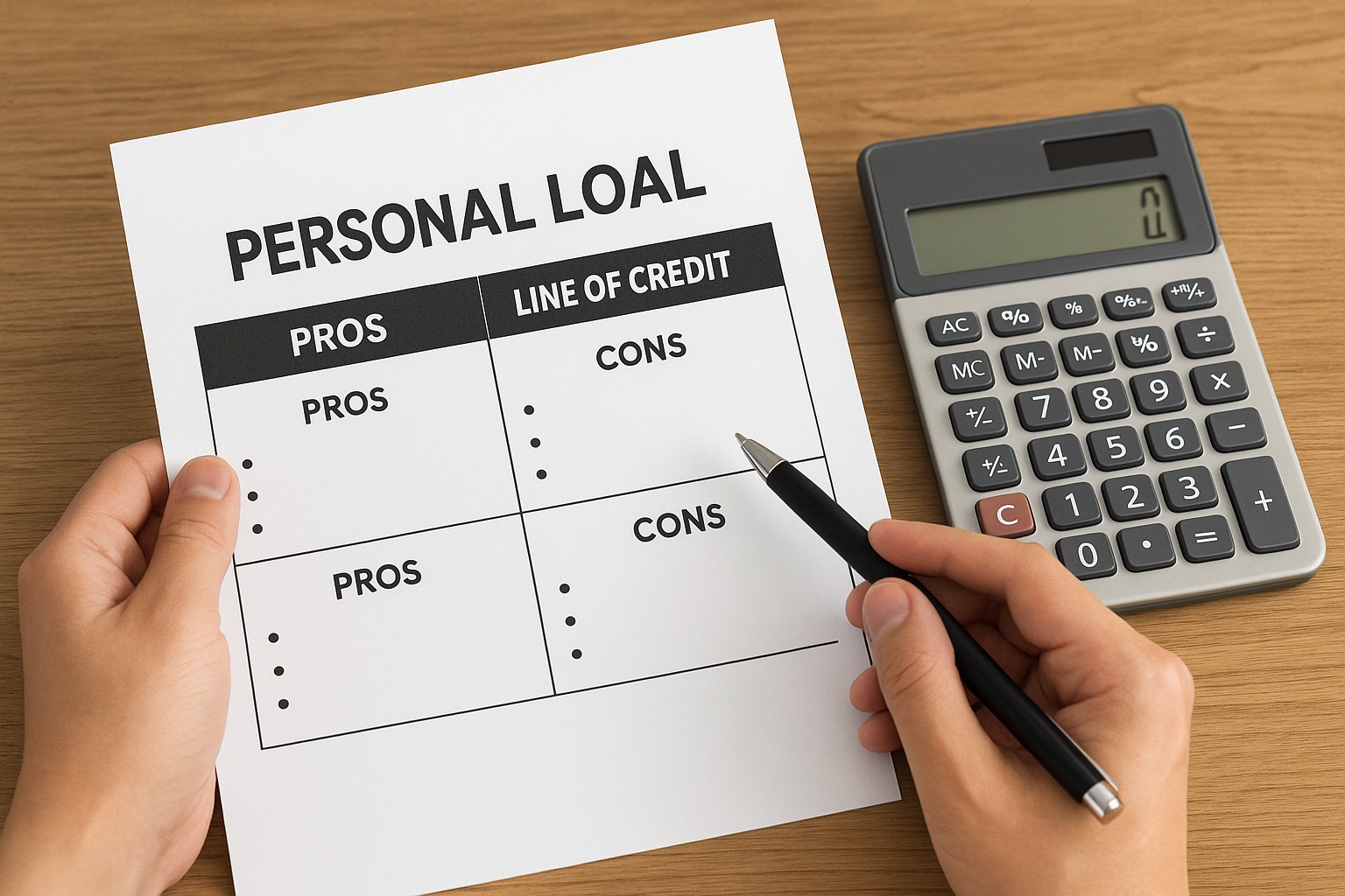 Person comparing personal loan vs line of credit options on a calculator.