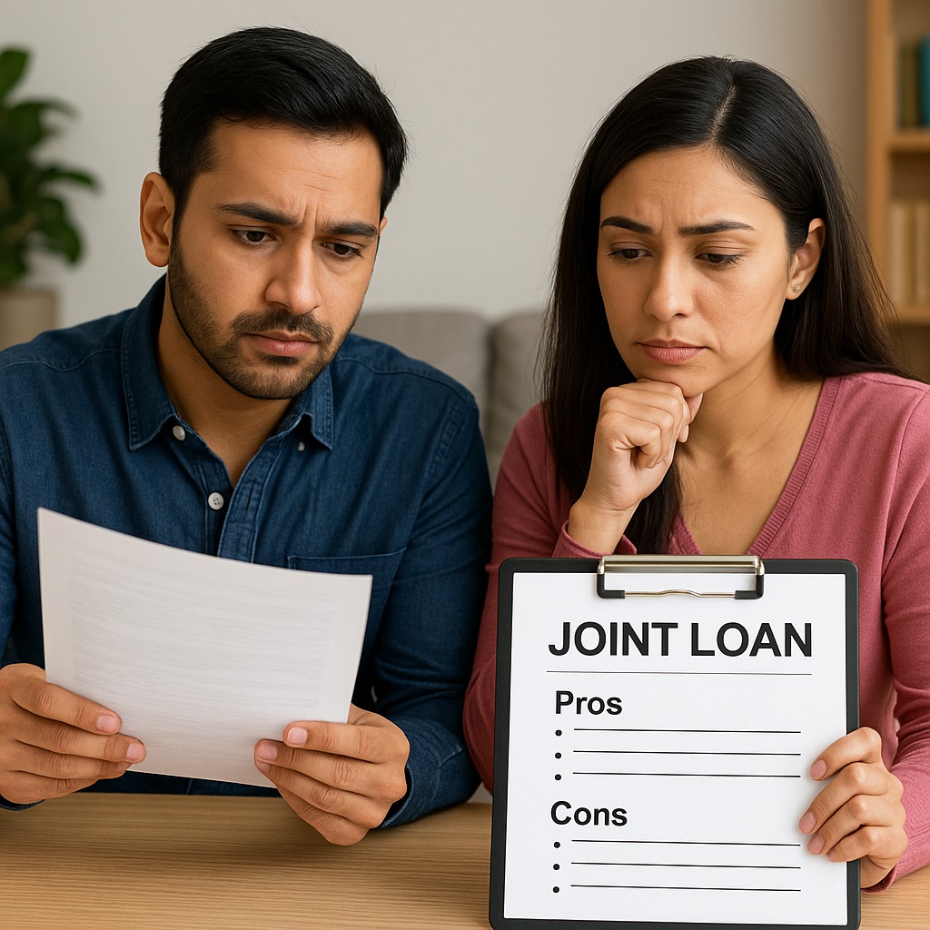 Couple reviewing joint loan documents and comparing pros and cons.