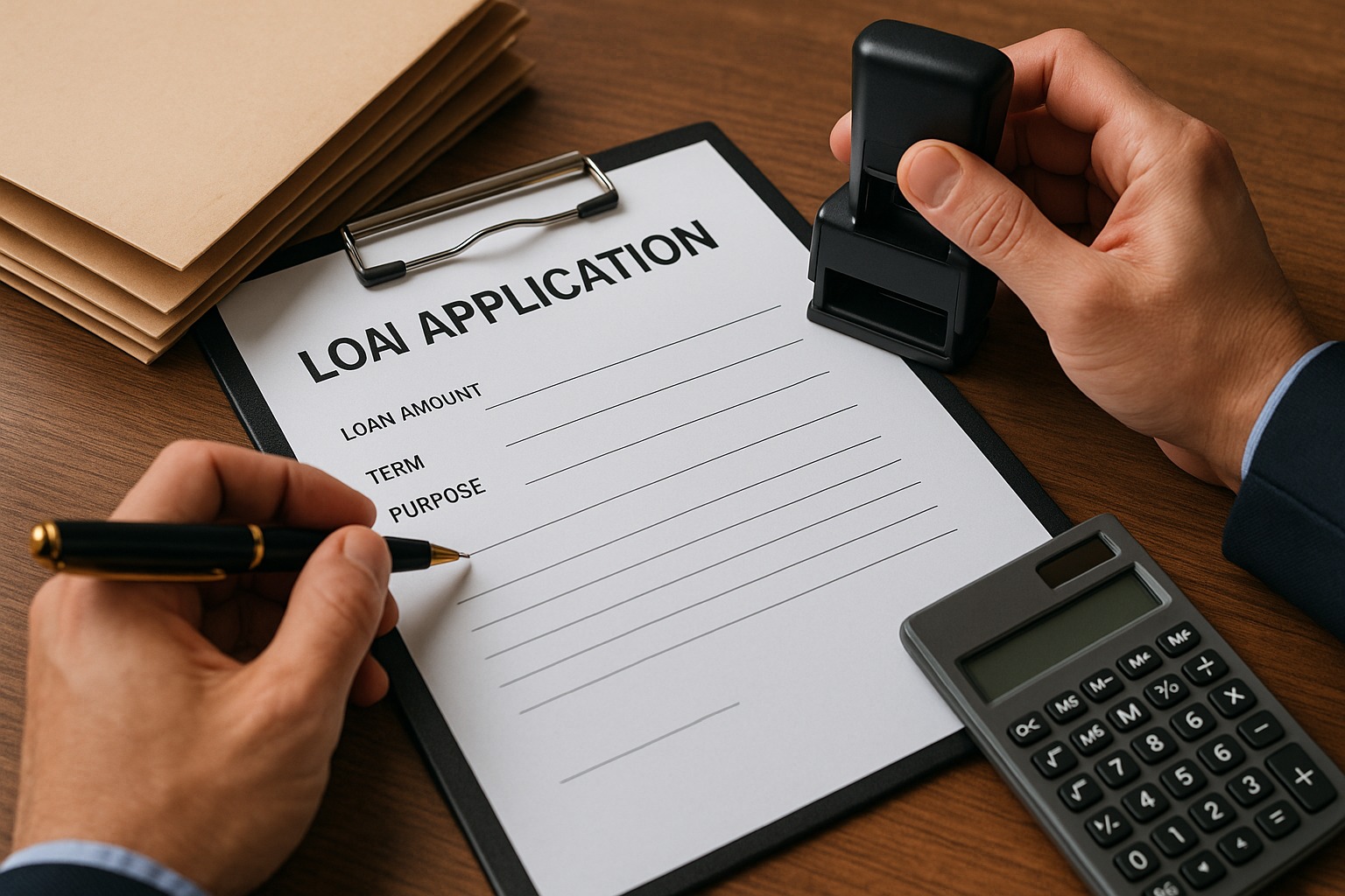 A loan application document under review by a credit officer with files, calculator and stamp on a desk.