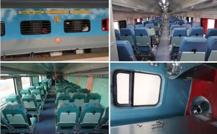 Modern LHB coach interior in Indian Railways with stainless-steel body, LED lighting and enhanced passenger comfort.