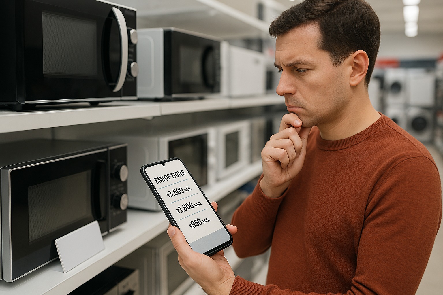 A shopper comparing EMI options on a smartphone while evaluating product affordability and financial impact.