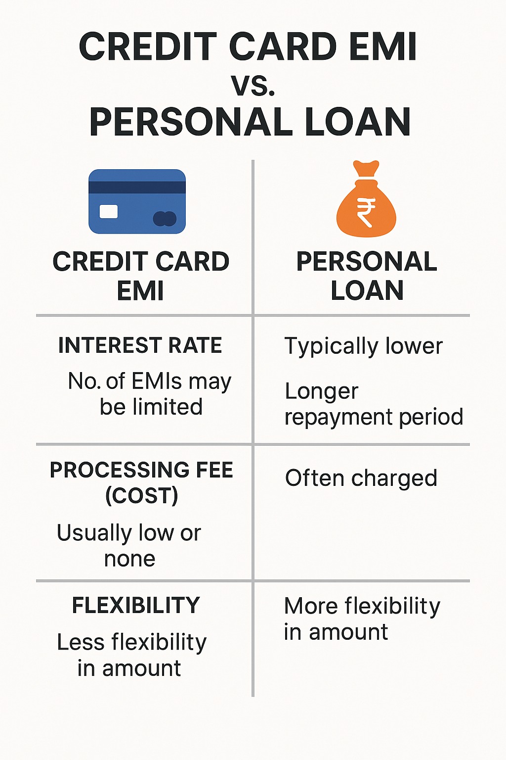 Side-by-side comparison of credit-card EMI versus personal loan options with cost and flexibility factors.