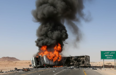 alt="Bus and tanker collision aftermath near Medina Saudi Arabia with emergency teams on site"