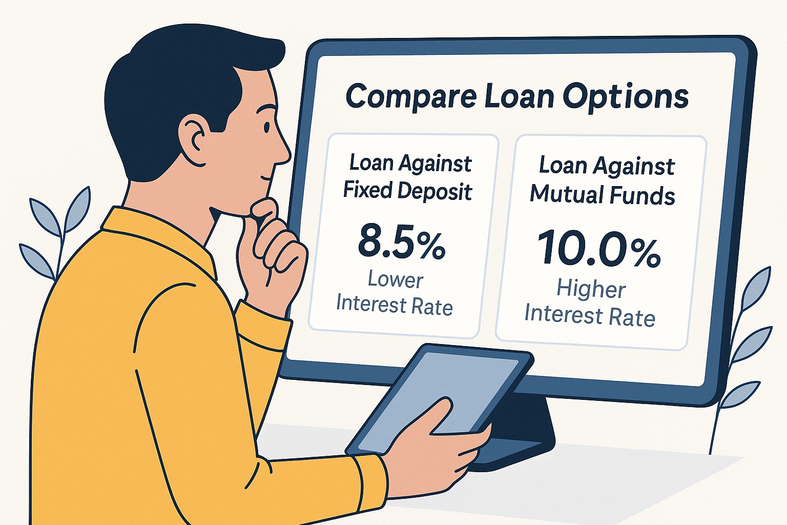 A person comparing loan options secured against fixed deposits and mutual fund investments on a digital financial screen.