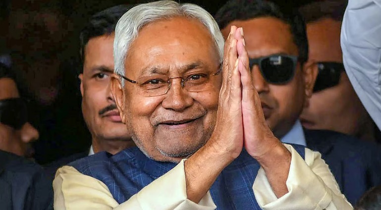 Nitish Kumar during a press or official meeting ahead of government transition in Bihar.