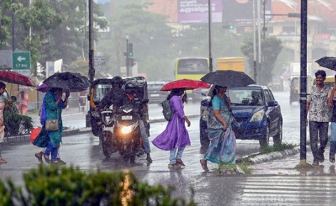 Morning fog and winter clothes in Telangana alongside rainy, cloudy skies in Chennai showing contrasting weather alerts.
