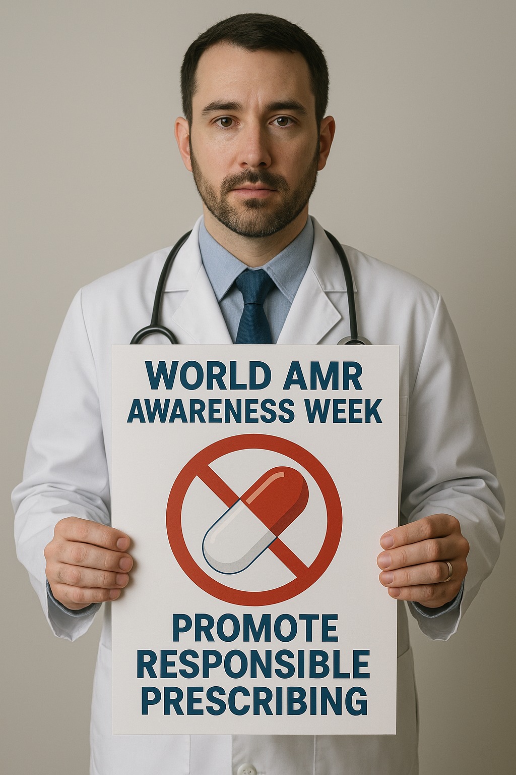 Doctor holding antibiotics awareness poster during World AMR Awareness Week to promote responsible prescribing.