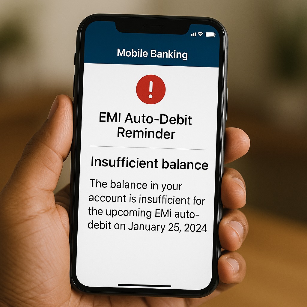 A mobile banking screen showing EMI auto-debit reminder and insufficient balance notification.