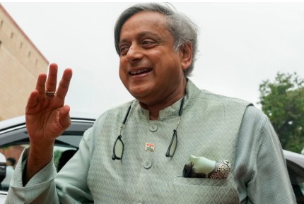 Shashi Tharoor addressing media while expressing concern over Sheikh Hasina’s death sentence verdict.