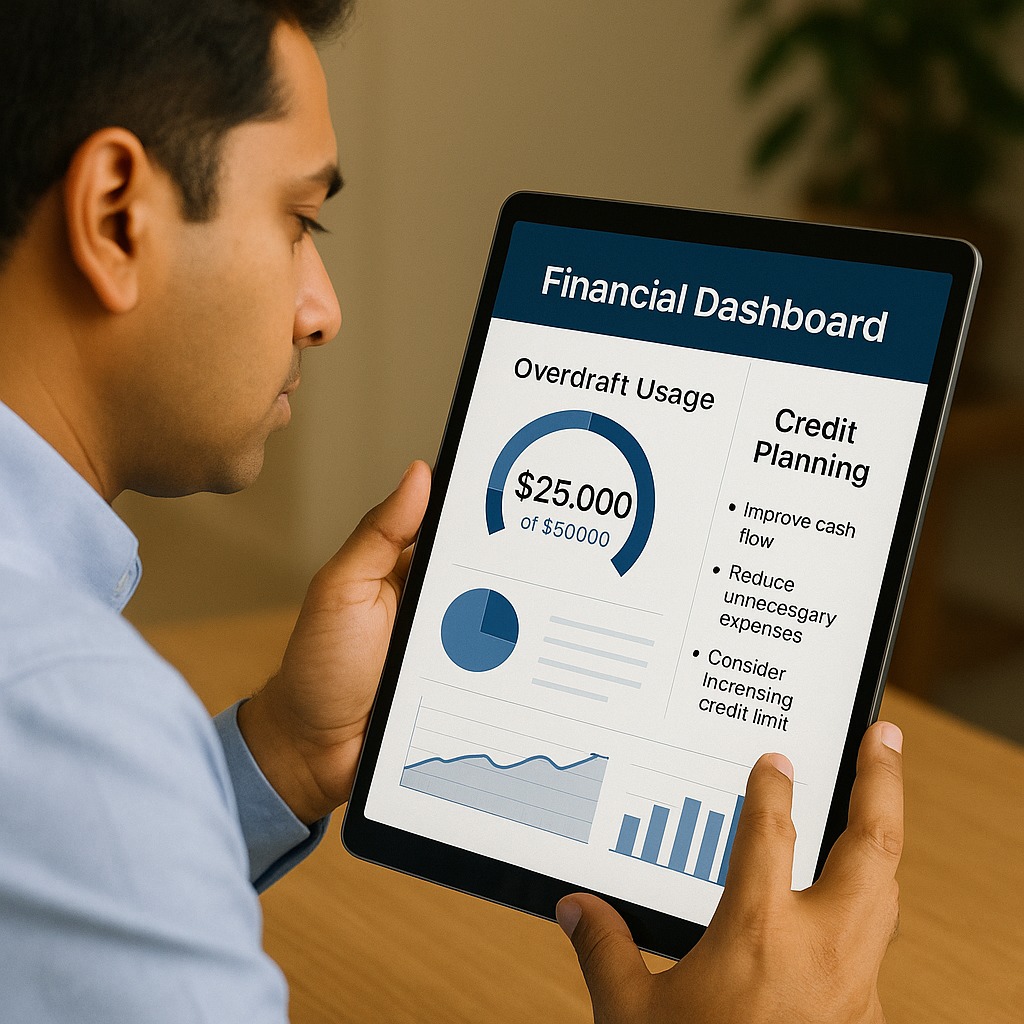 Business owner reviewing overdraft usage and credit planning strategy on a digital financial dashboard.
