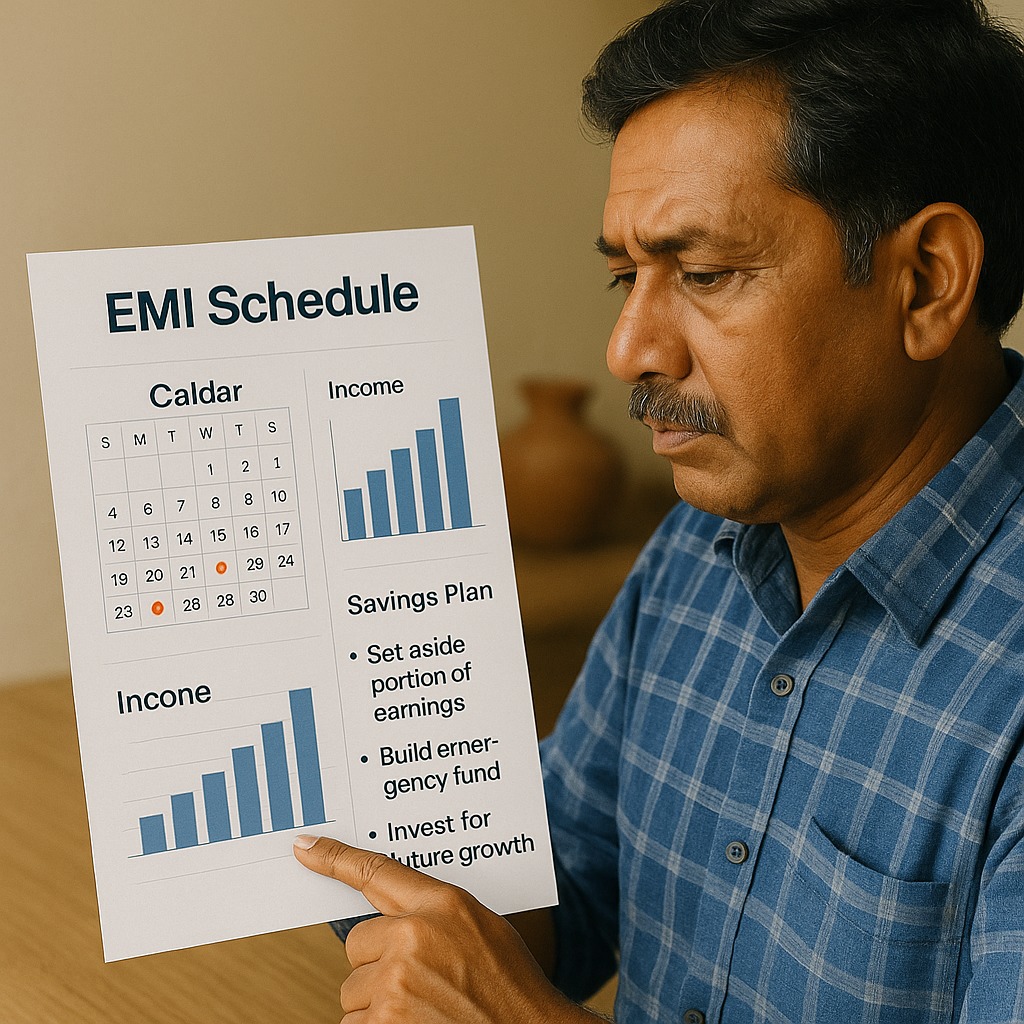 Seasonal-income worker planning EMI schedule using calendar, income chart and savings plan.