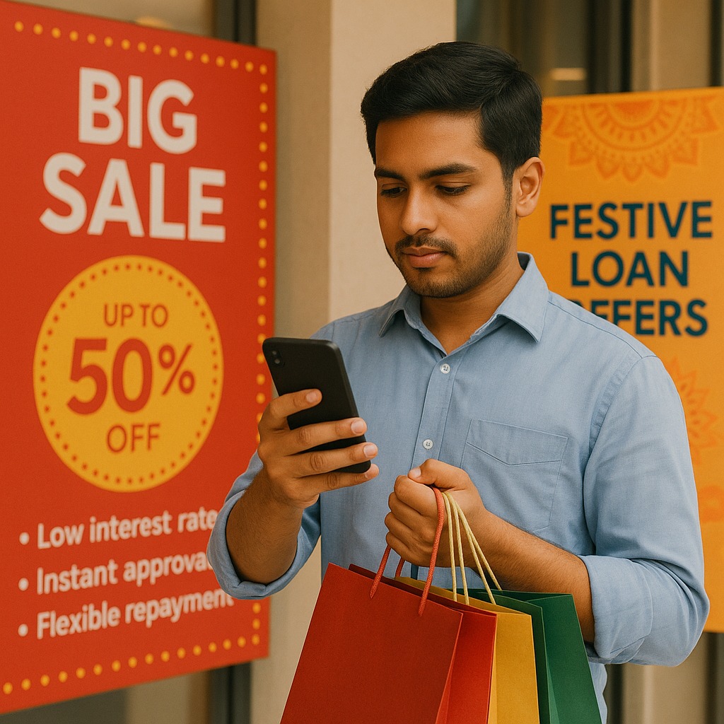 A customer looking at festive loan offers with shopping bags, discount banners, and loan promotional ads.