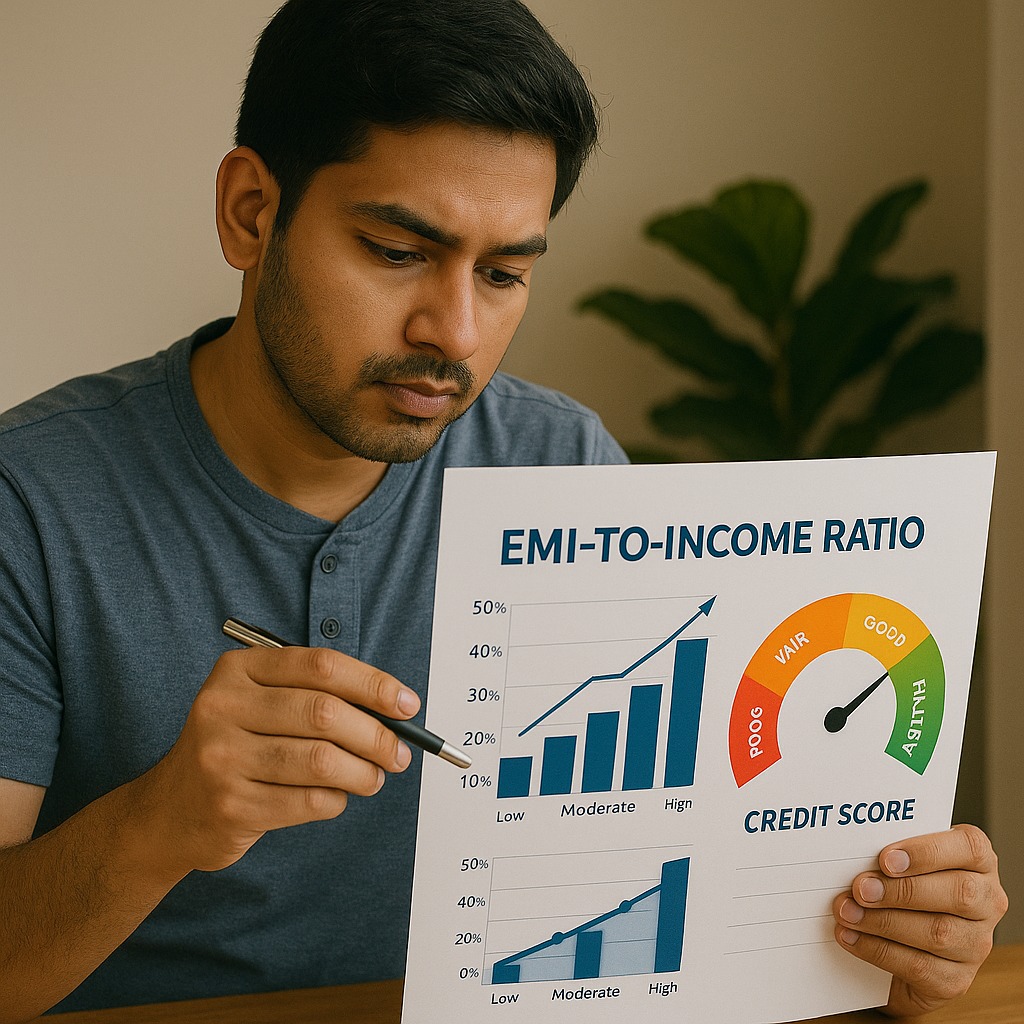 A borrower analysing EMI-to-income ratio on a financial planning chart next to credit score indicators.