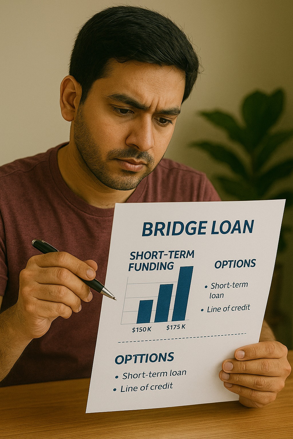 A person reviewing bridge loan options while comparing short-term funding against upcoming expected funds.