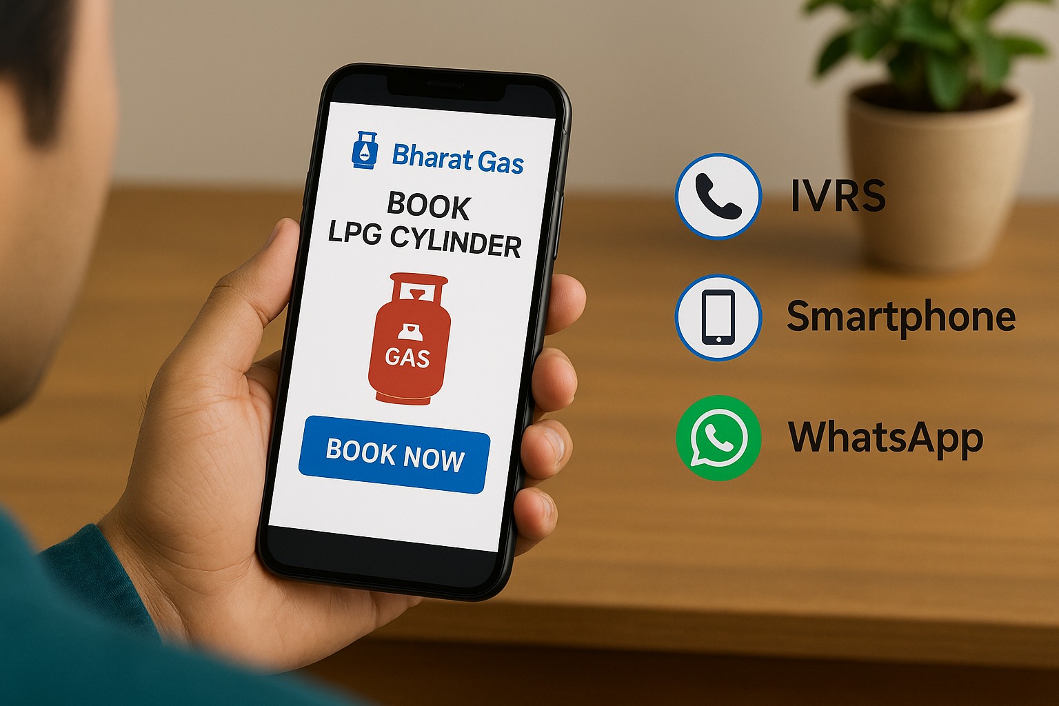 Customer booking Bharat Gas LPG cylinder online through smartphone, IVRS and WhatsApp options.