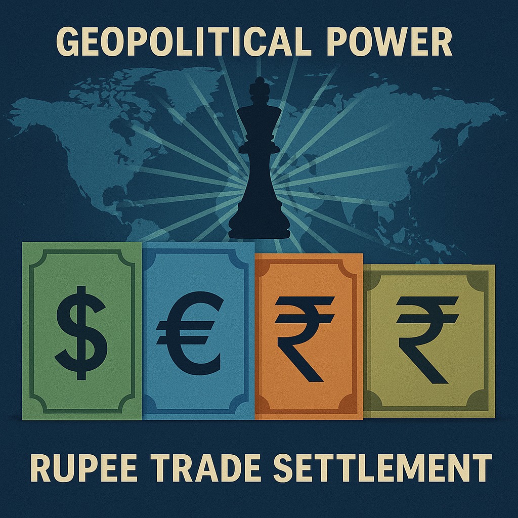 Global currencies influenced by geopolitical power showing Indian rupee trade settlement concept